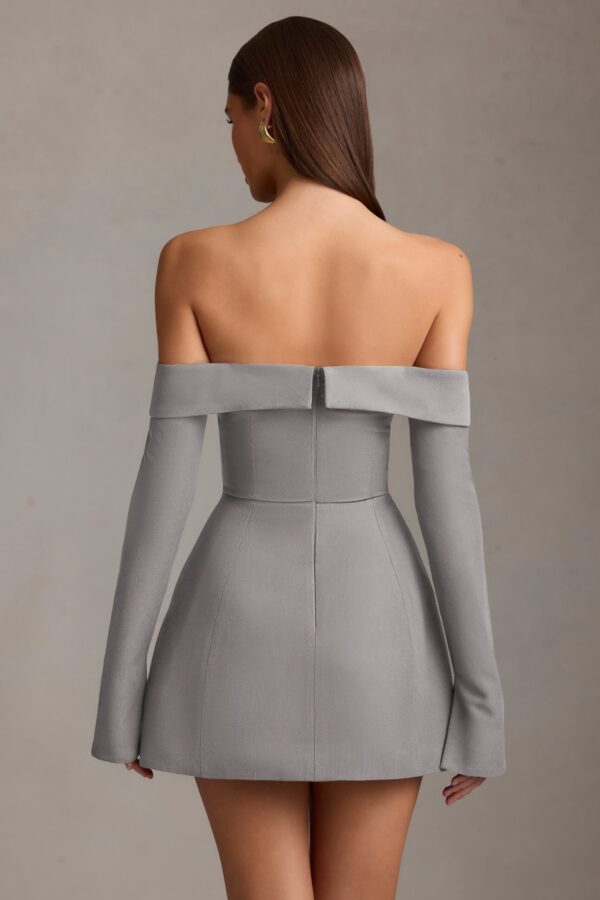 Off-Shoulder Structured A-Line Mini Dress in Grey - Image 3