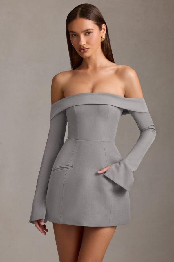 Off-Shoulder Structured A-Line Mini Dress in Grey - Image 6