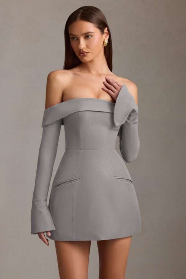 Off-Shoulder Structured A-Line Mini Dress in Grey - Image 7