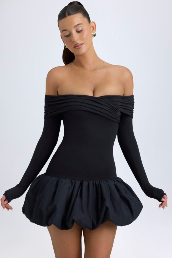 Modal Off-Shoulder Bubble Hem Mini Dress in Black - Image 5