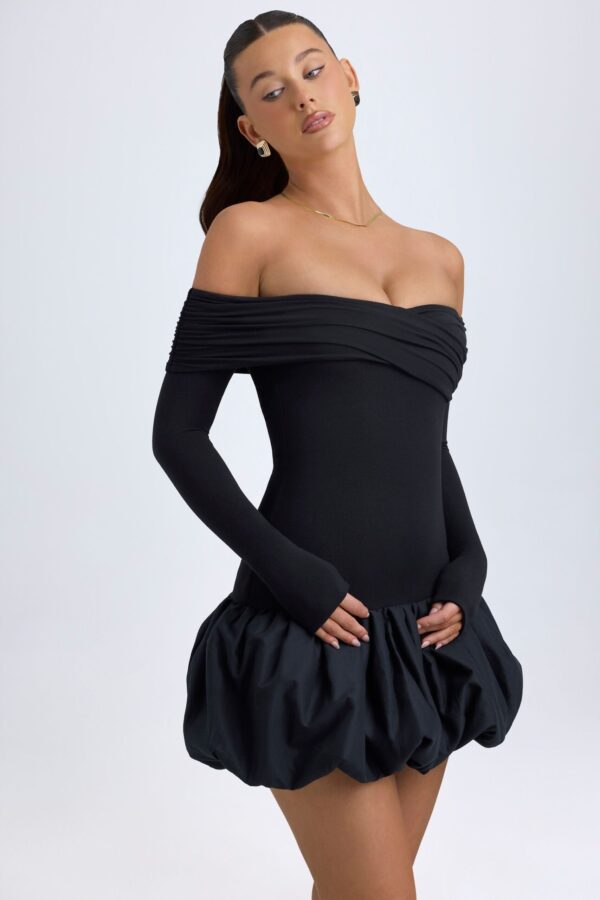Modal Off-Shoulder Bubble Hem Mini Dress in Black - Image 7