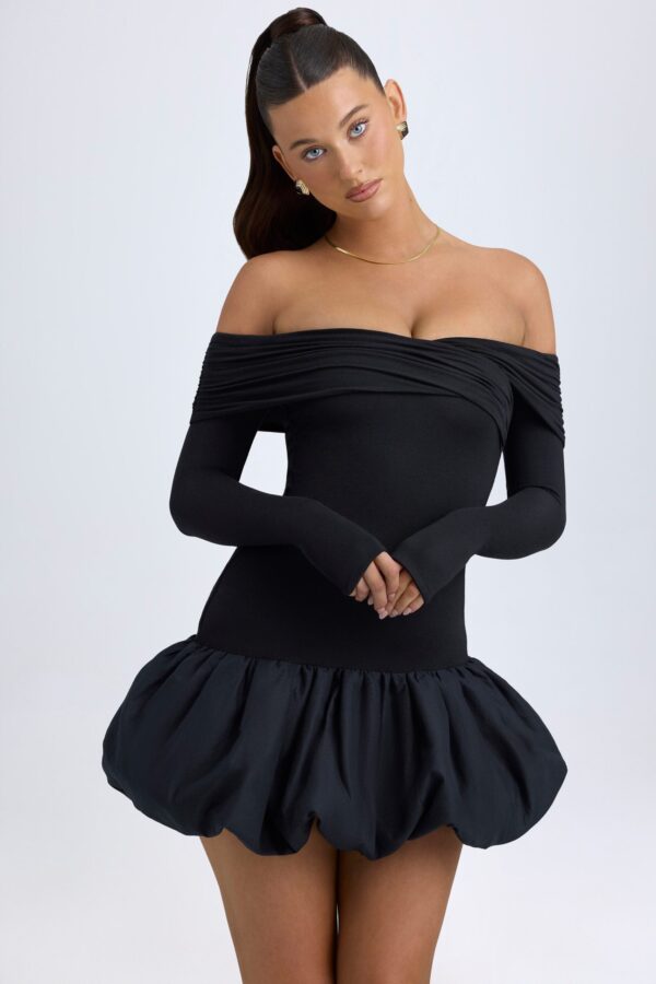 Modal Off-Shoulder Bubble Hem Mini Dress in Black - Image 8