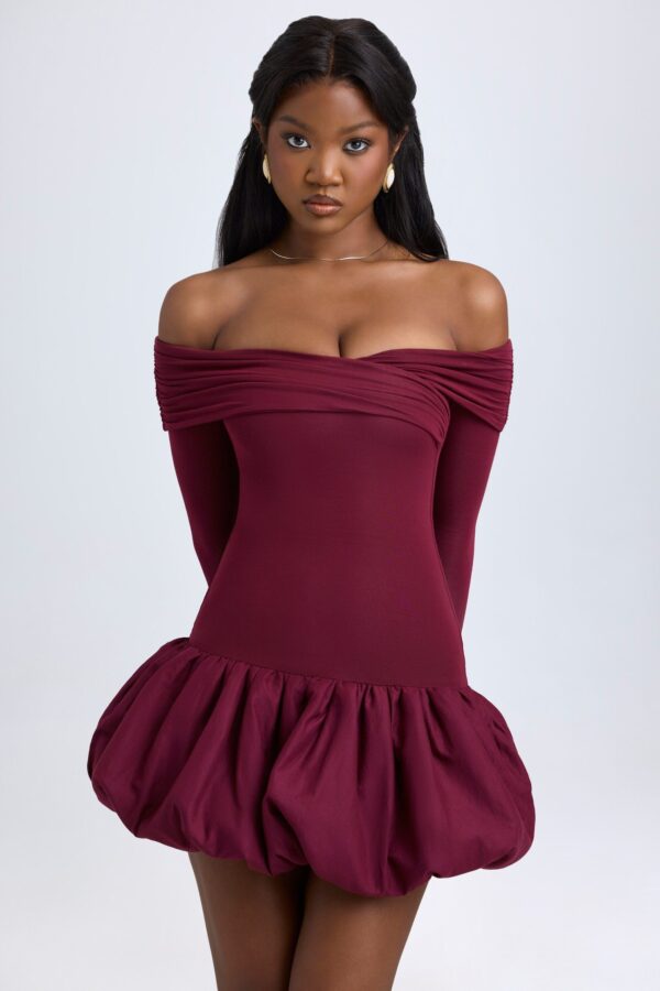 Modal Off-Shoulder Bubble Hem Mini Dress in Wine Red - Image 9