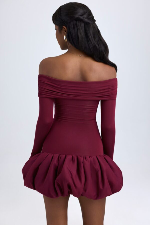Modal Off-Shoulder Bubble Hem Mini Dress in Wine Red - Image 3