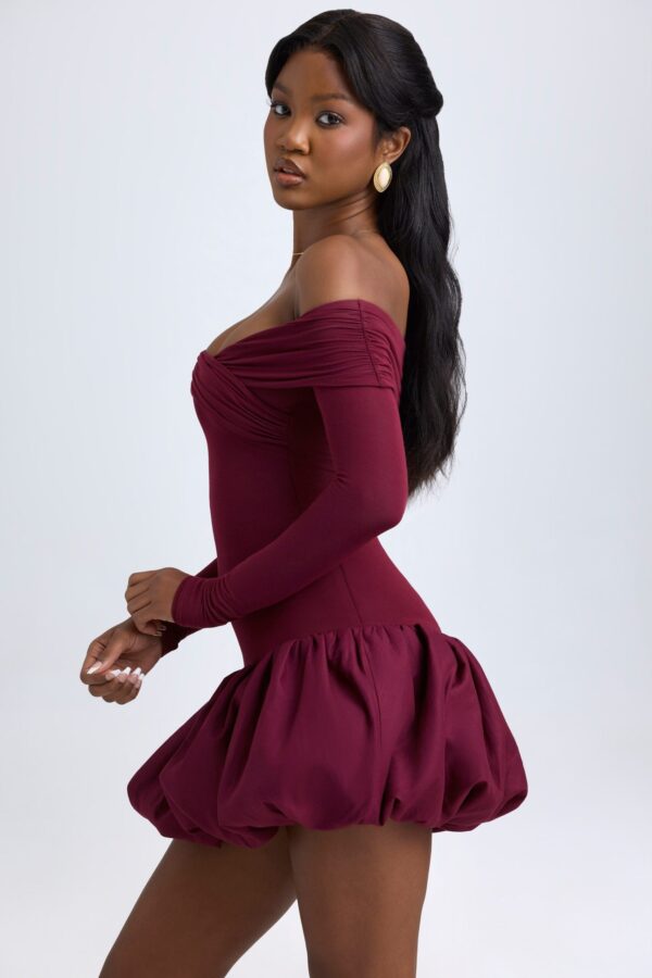 Modal Off-Shoulder Bubble Hem Mini Dress in Wine Red - Image 4