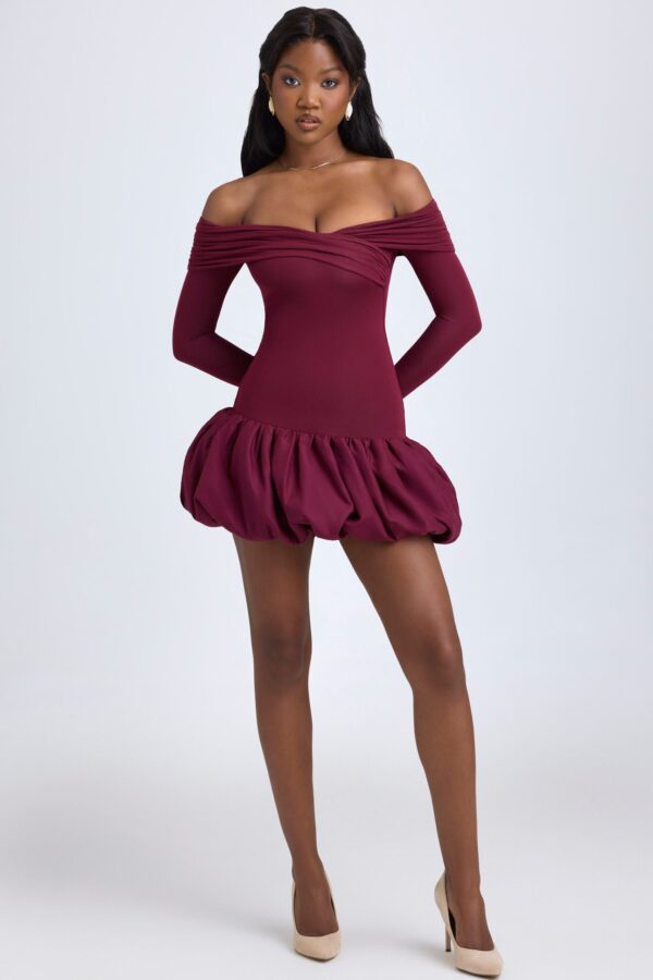 Modal Off-Shoulder Bubble Hem Mini Dress in Wine Red - Image 6