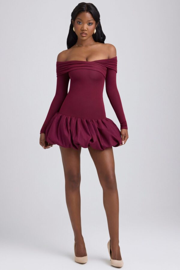Modal Off-Shoulder Bubble Hem Mini Dress in Wine Red - Image 7