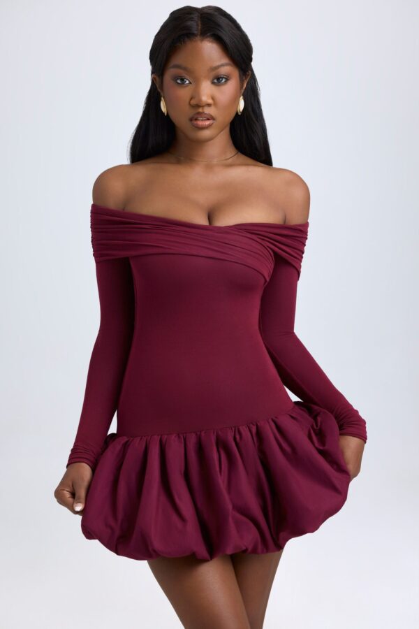 Modal Off-Shoulder Bubble Hem Mini Dress in Wine Red - Image 8