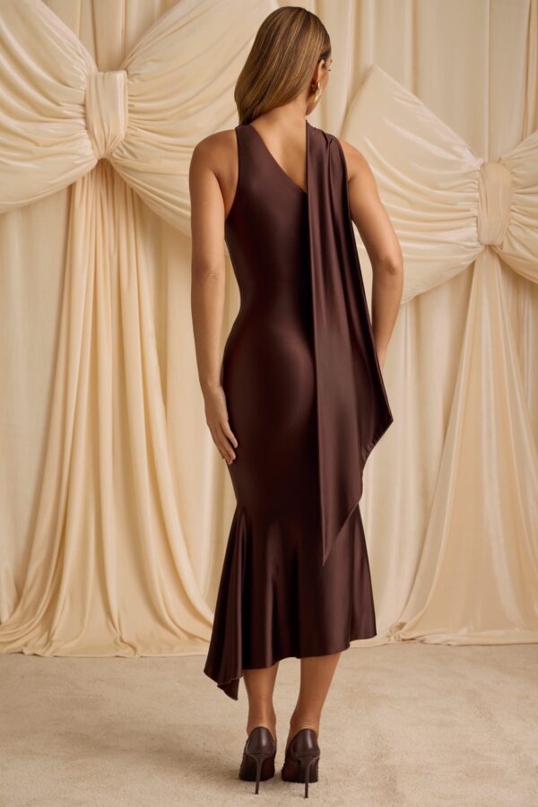 Asymmetric Scarf-Detail Midaxi Dress in Chocolate Brown - Image 3