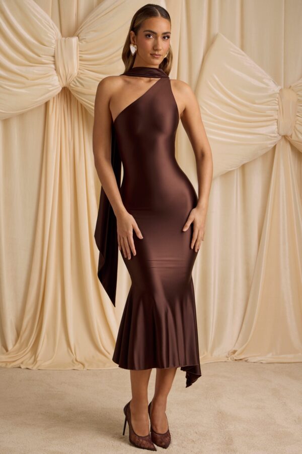Asymmetric Scarf-Detail Midaxi Dress in Chocolate Brown - Image 6