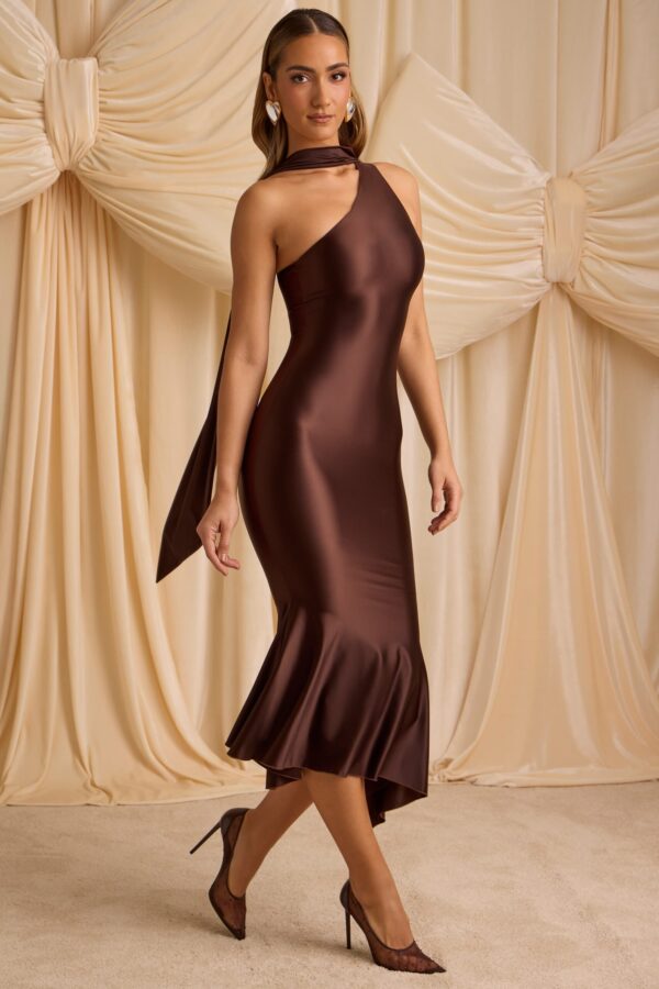Asymmetric Scarf-Detail Midaxi Dress in Chocolate Brown - Image 8