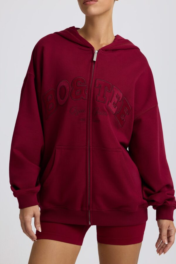 Oversized Zip-Up Hoodie in Burgundy - Image 5