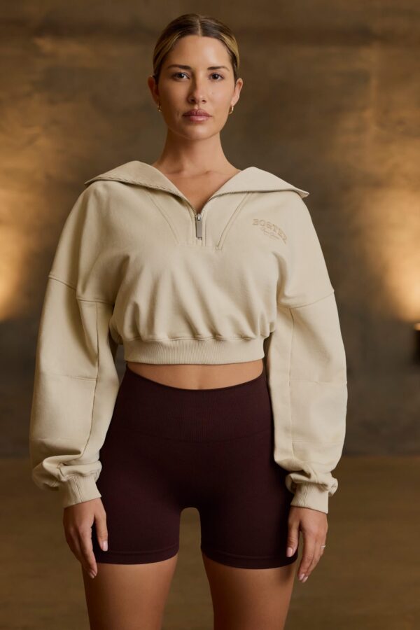 Quarter-Zip Cropped Sweatshirt in Bone - Image 2