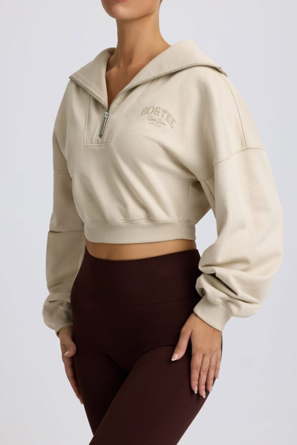 Quarter-Zip Cropped Sweatshirt in Bone - Image 5