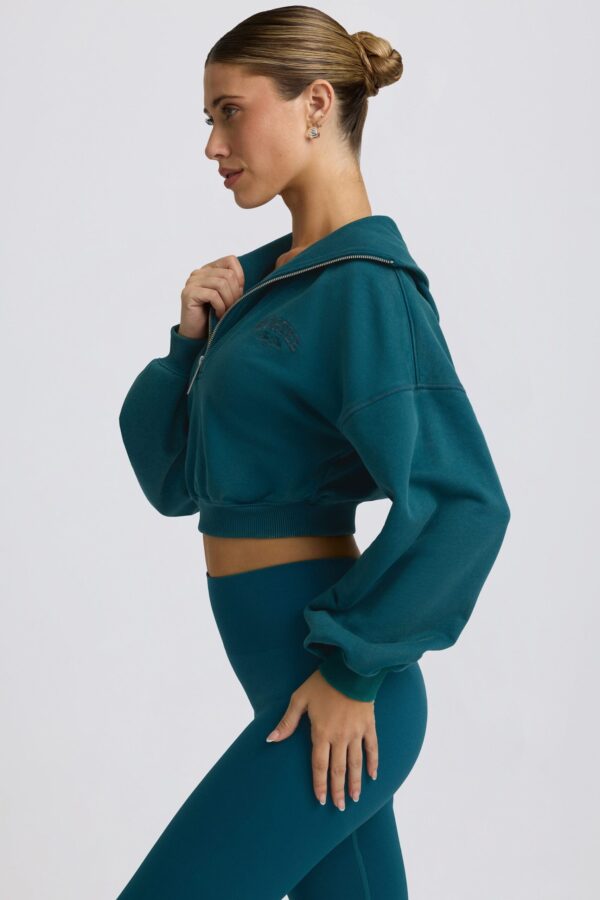 Quarter-Zip Cropped Sweatshirt in Teal - Image 3