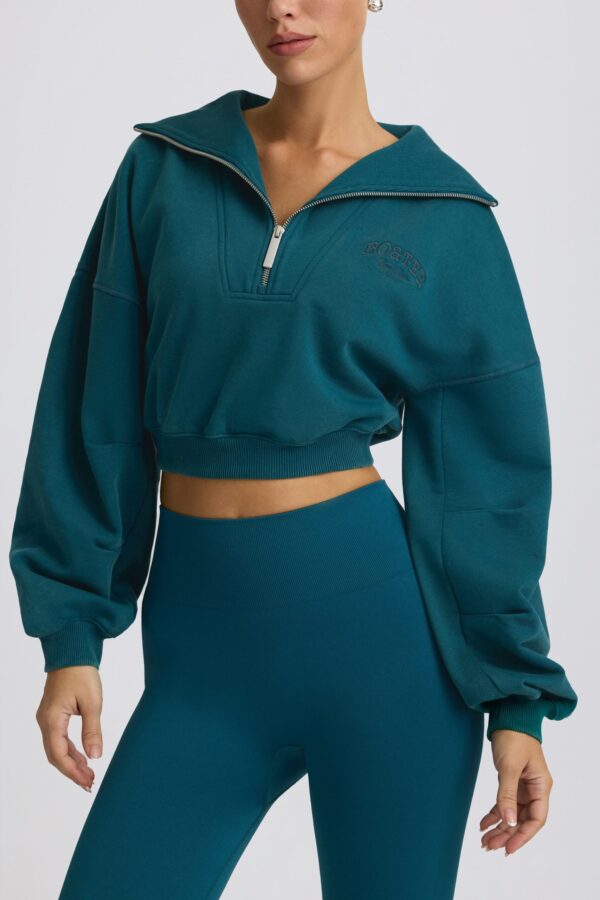 Quarter-Zip Cropped Sweatshirt in Teal - Image 4