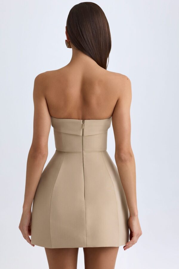 Foldover-Neck Structured Tulip Mini Dress in Camel - Image 3