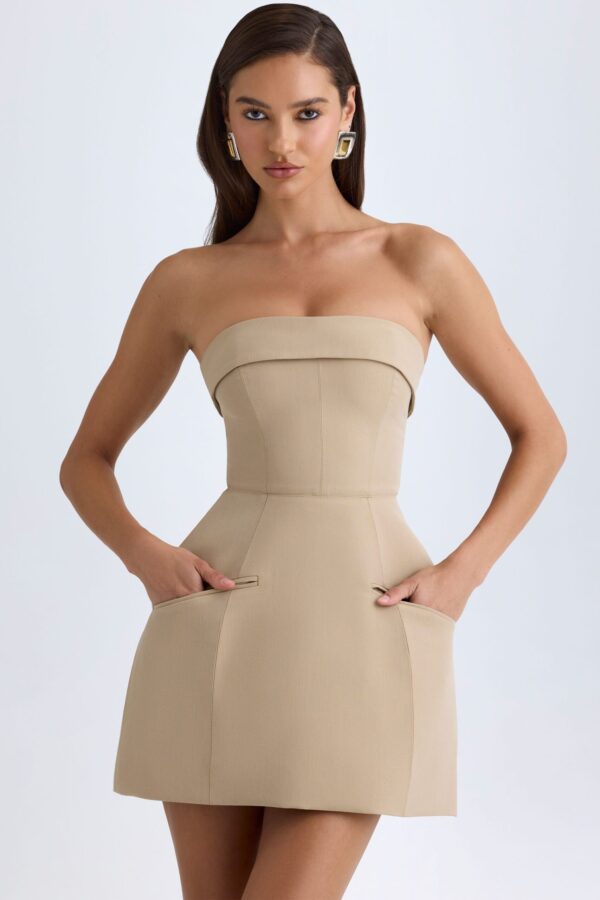 Foldover-Neck Structured Tulip Mini Dress in Camel - Image 6