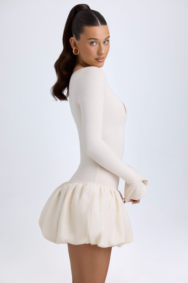 Modal Drop-Waist Bubble Hem Mini Dress in Ivory - Image 3