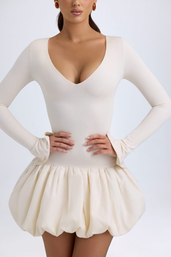 Modal Drop-Waist Bubble Hem Mini Dress in Ivory - Image 4