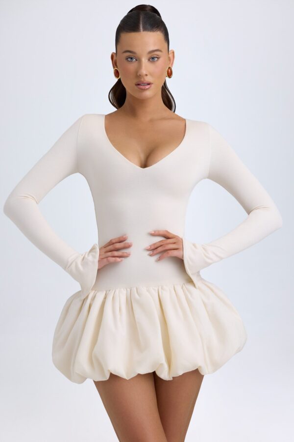 Modal Drop-Waist Bubble Hem Mini Dress in Ivory - Image 5