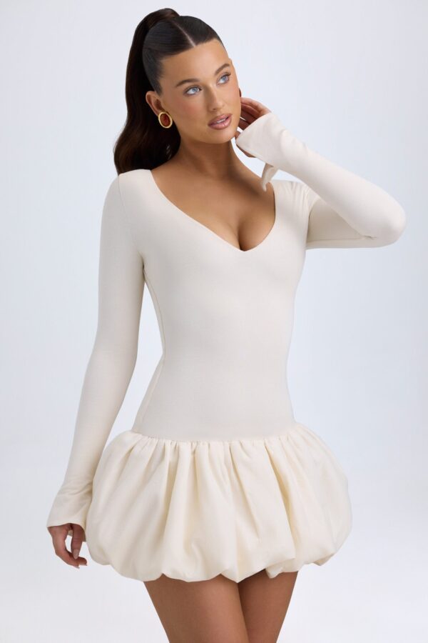 Modal Drop-Waist Bubble Hem Mini Dress in Ivory - Image 6