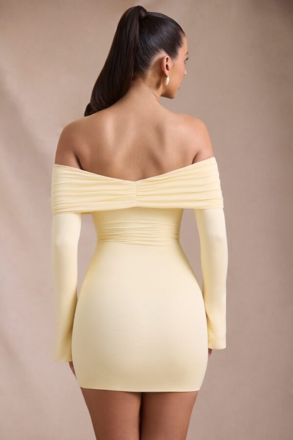 Modal-Cashmere Blend Off-Shoulder Ruched Mini Dress in Butter Yellow - Image 3
