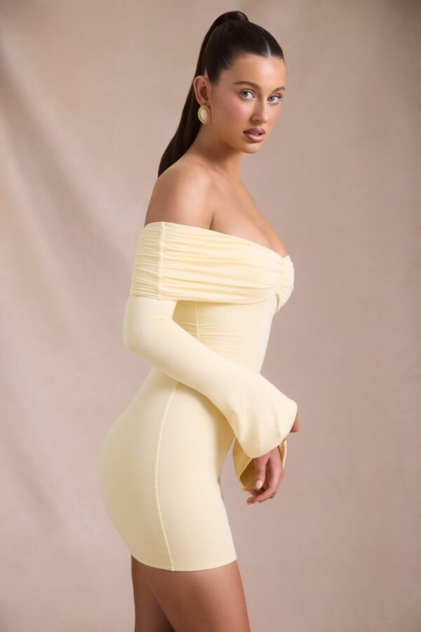 Modal-Cashmere Blend Off-Shoulder Ruched Mini Dress in Butter Yellow - Image 4