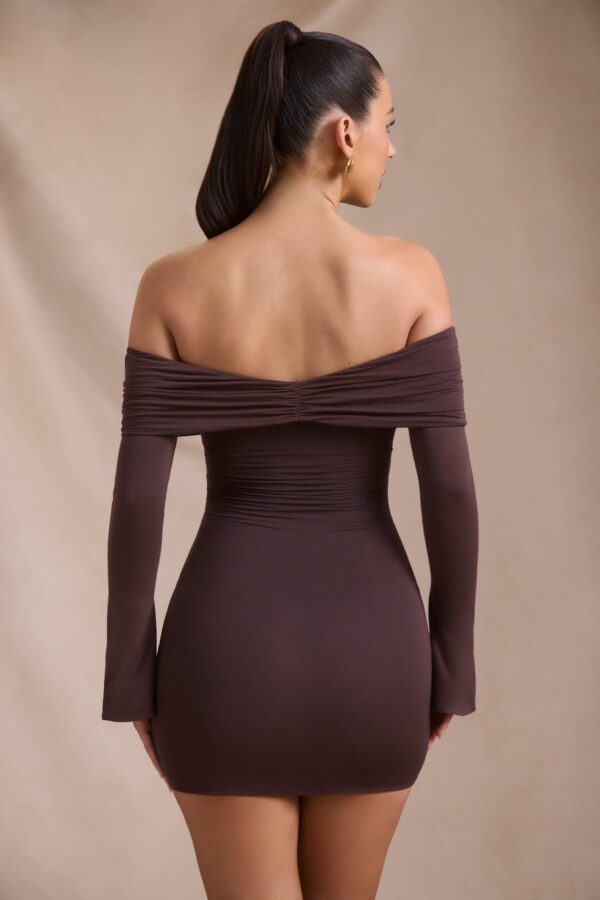 Modal-Cashmere Blend Off-Shoulder Ruched Mini Dress in Espresso - Image 3