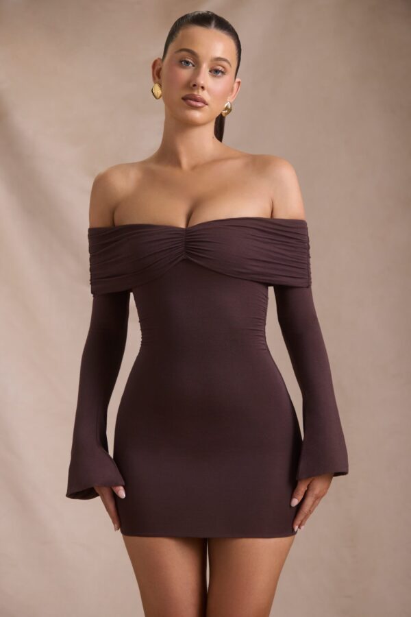 Modal-Cashmere Blend Off-Shoulder Ruched Mini Dress in Espresso - Image 6