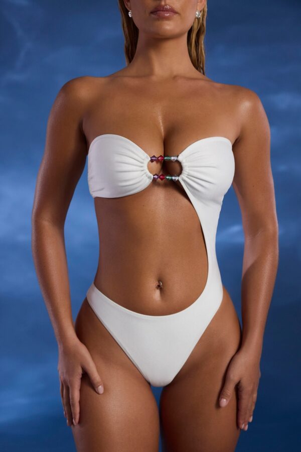 Bead-Embellished Cut-Out Bandeau Swimsuit in Ivory - Image 4