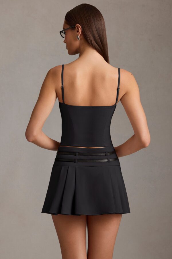 Belted Low-Rise Pleated Mini Skirt in Black - Image 3