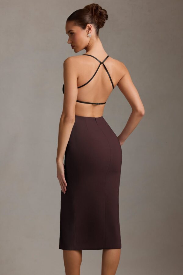 Plunge-Neck Backless Midaxi Dress in Chocolate Brown - Image 2