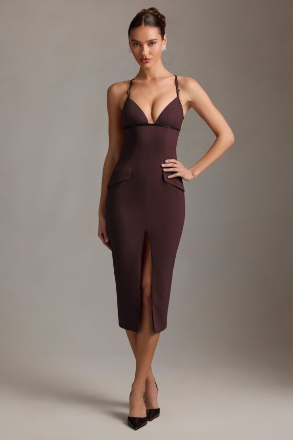 Plunge-Neck Backless Midaxi Dress in Chocolate Brown - Image 5