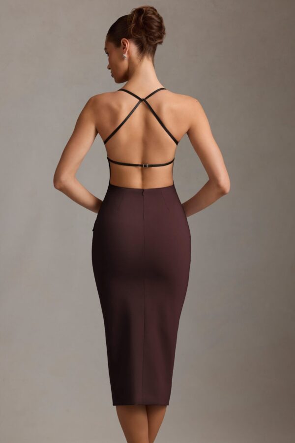 Plunge-Neck Backless Midaxi Dress in Chocolate Brown - Image 7