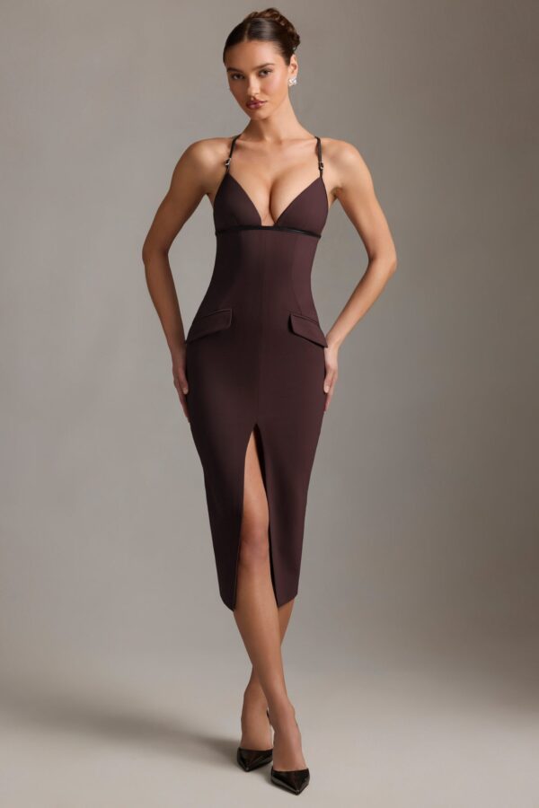 Plunge-Neck Backless Midaxi Dress in Chocolate Brown - Image 8