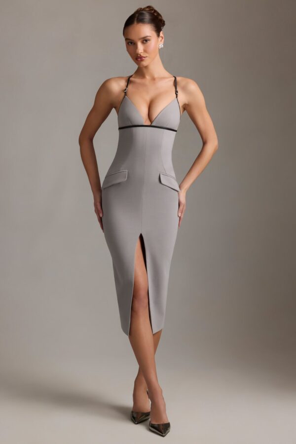 Plunge-Neck Backless Midaxi Dress in Grey - Image 6