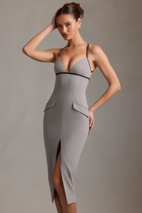 Plunge-Neck Backless Midaxi Dress in Grey - Image 7