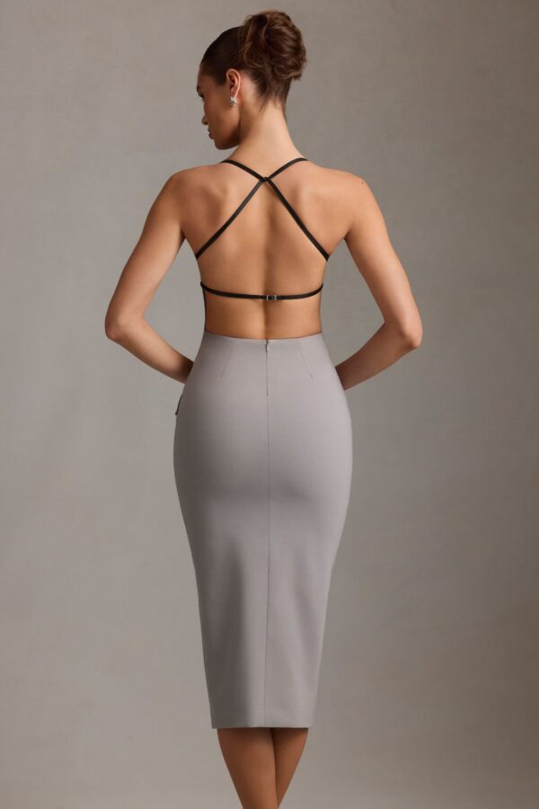 Plunge-Neck Backless Midaxi Dress in Grey - Image 8
