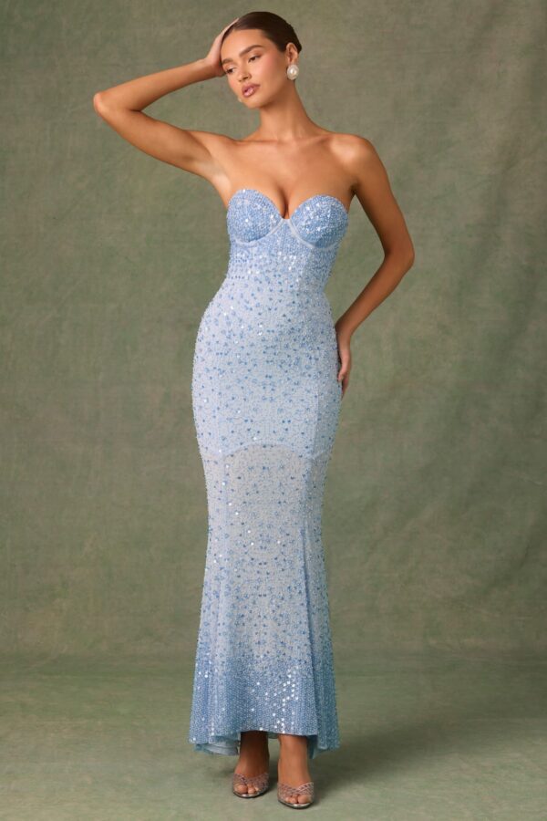 Embellished Sweetheart-Neck Fishtail Gown in Sky Blue - Image 5