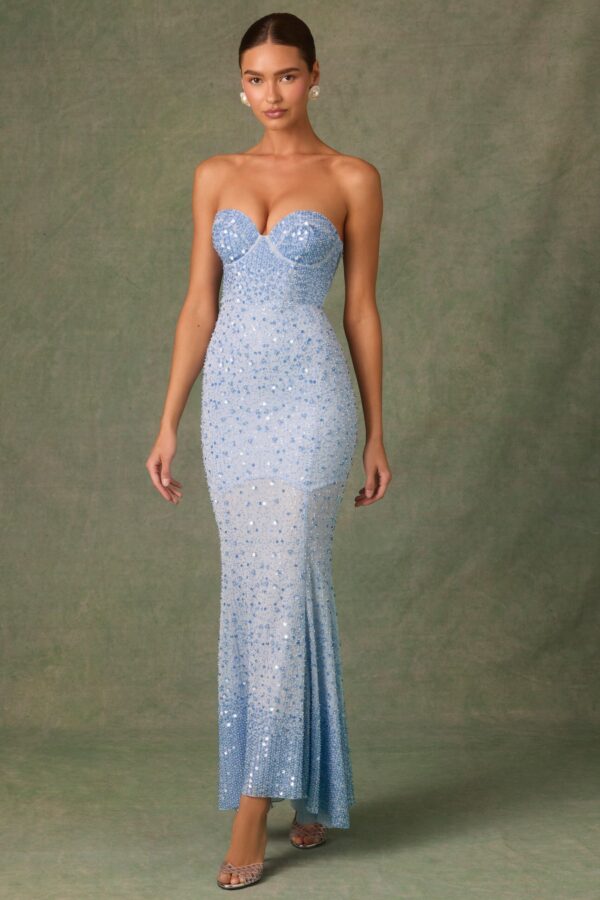 Embellished Sweetheart-Neck Fishtail Gown in Sky Blue - Image 8