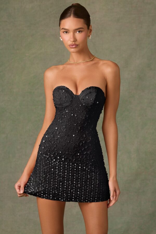 Embellished Sweetheart-Neck A-Line Mini Dress in Black - Image 7