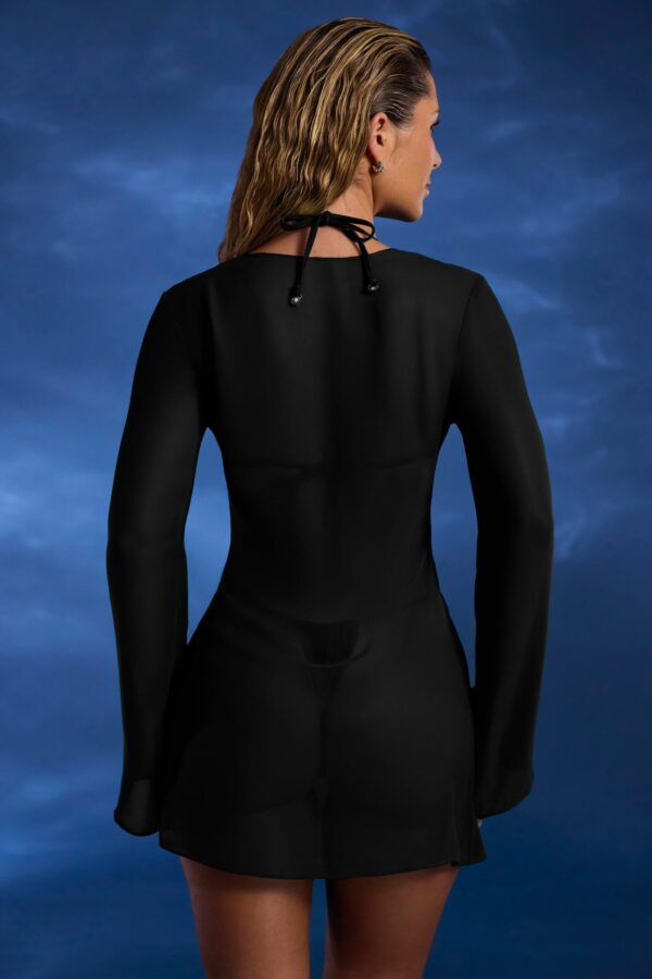 Bead-Embellished Cowl-Neck Sheer Mini Dress in Black - Image 2