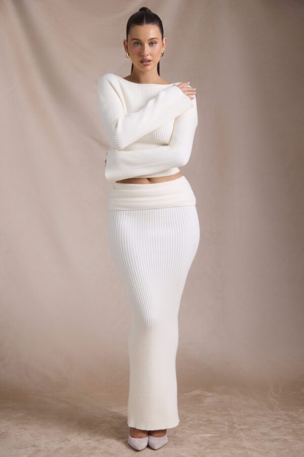 Ribbed-Knit Slash-Neck Top in Ivory - Image 7