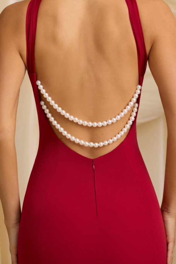 Pearl-Detail Halterneck Maxi Dress in True Red - Image 4