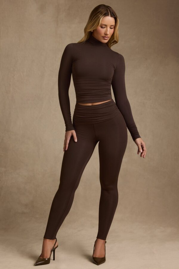 Modal Ruched Mid-Rise Leggings in Chocolate Brown - Image 5