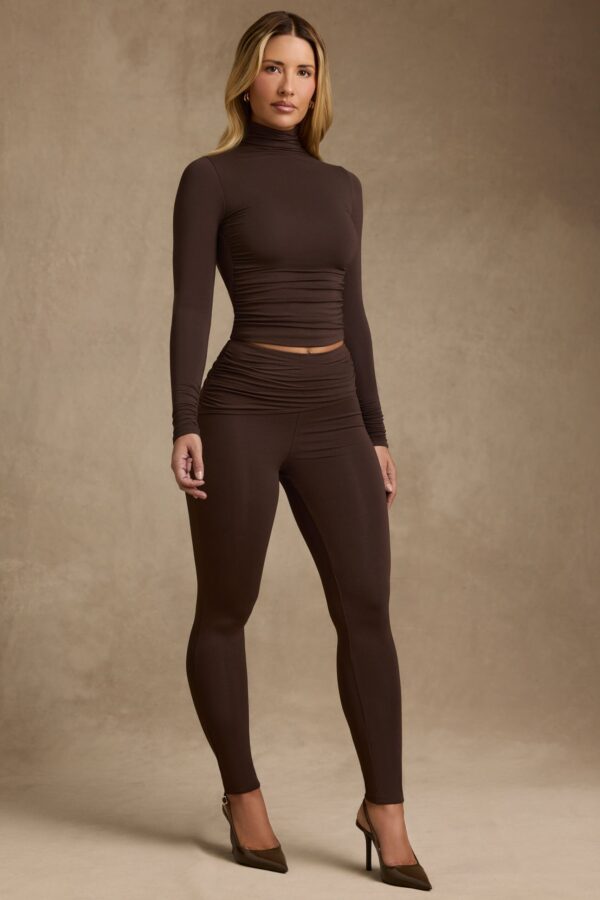 Modal Ruched Mid-Rise Leggings in Chocolate Brown - Image 8