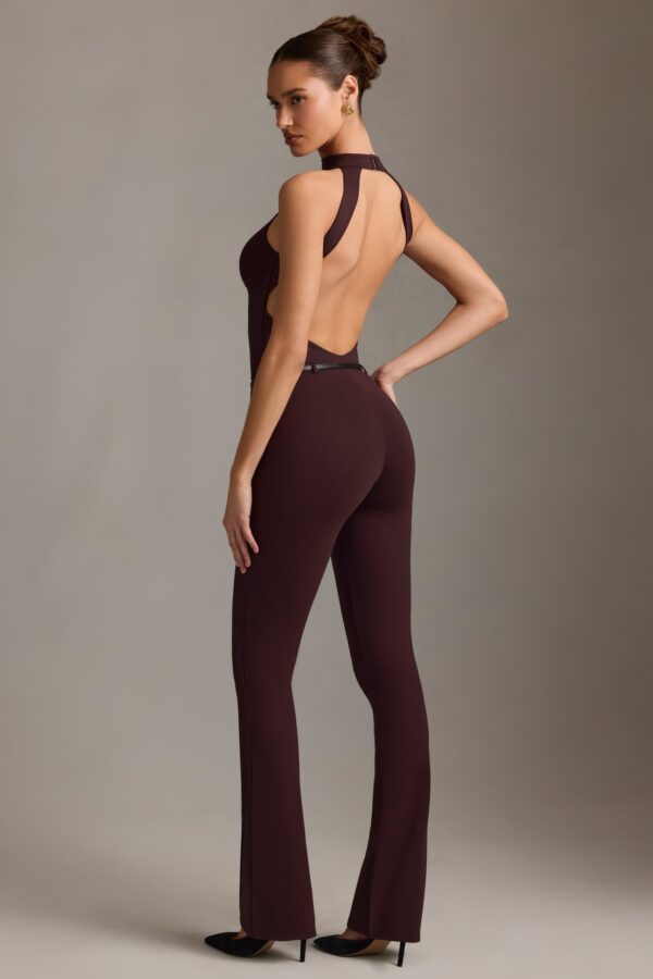 Backless Turtleneck Jumpsuit in Chocolate Brown - Image 2