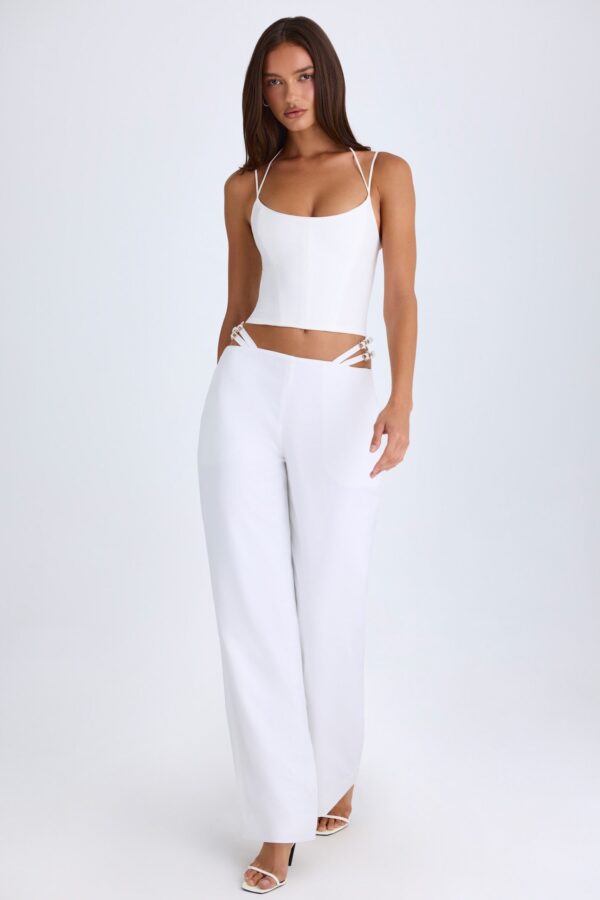 Belted Cut-Out Wide-Leg Trousers in White - Image 7